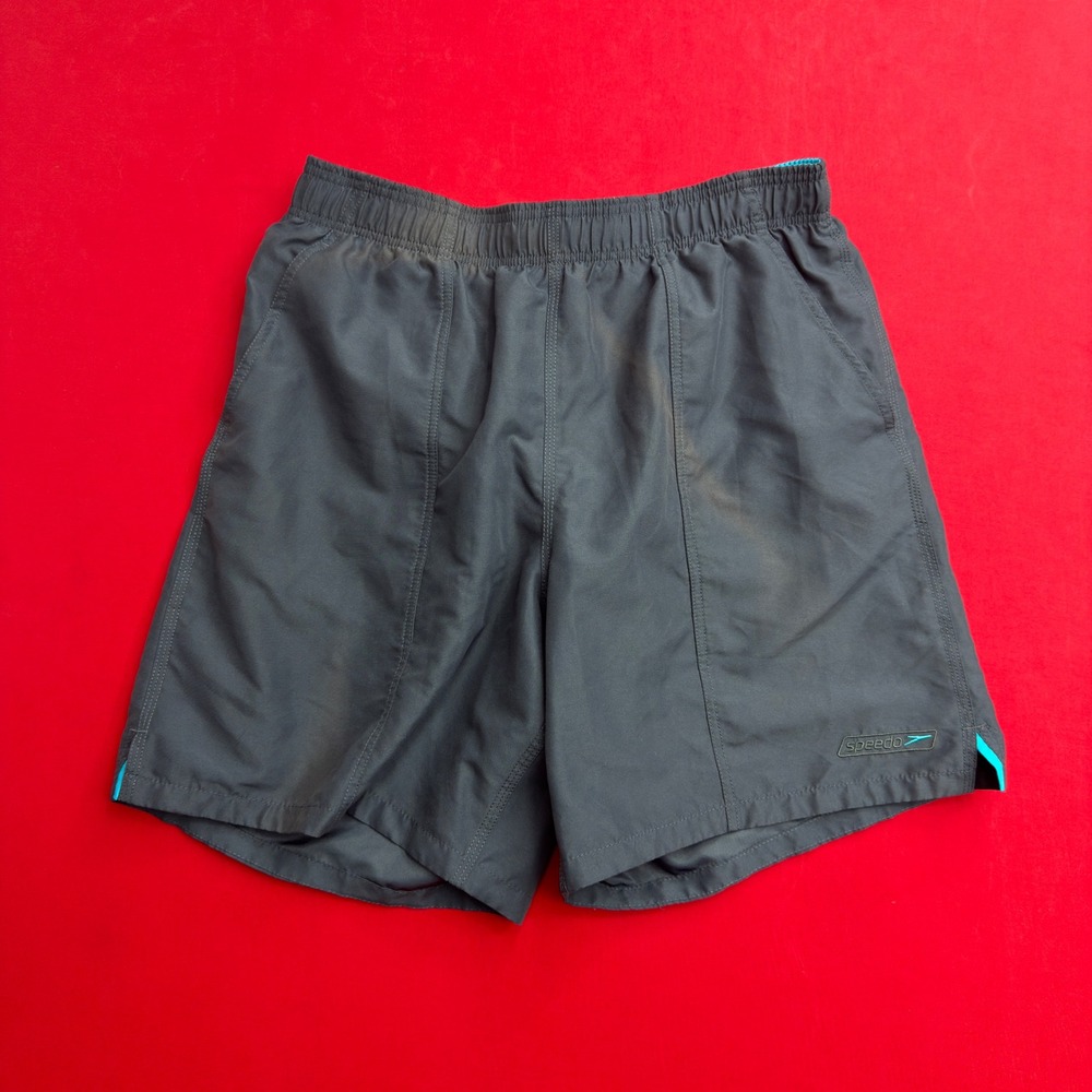 Speedo Mens Swim Trunks Board Shorts Gray Turquoise Mesh Lined Large L 7" Inseam